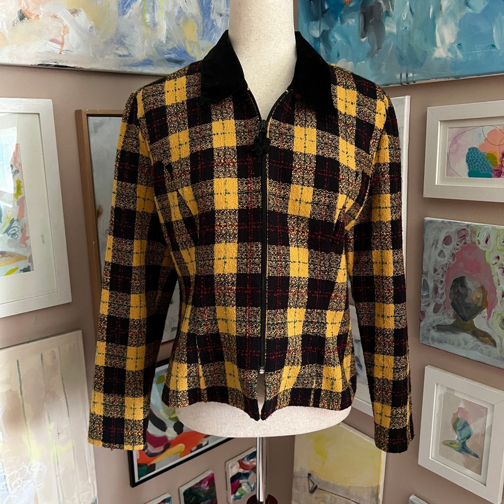 90s Style Clueless Inspired Yellow and Black Plaid Blazer with Velvety Collar